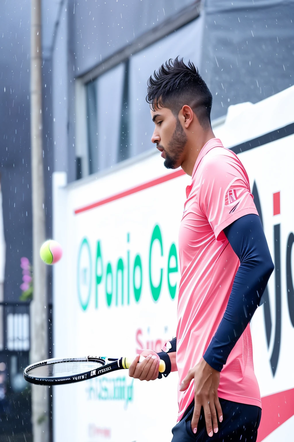 there is a man playing tennis in the rain with a racket, Filmado em Sony A 7 III, Direction: Luis Molinari, filmado em nikon z9, por David Rubin, playing tennis, filmado com canon eoa 6 d mark ii, filmado em canon eos r5, filmado em canon eos r5, by Alexander Obregón, dynamic action photo