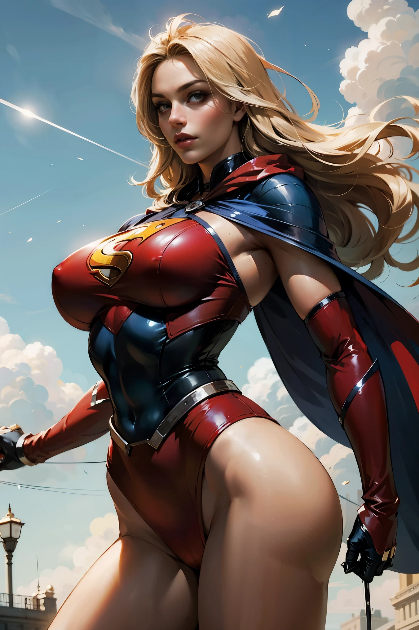 nijistyle, cowboy photo of beautiful lady in superman costume, long blonde hair, heroic, glowing red eyes, laser eyes, cape, particles, clouds, sky, red skirt, red boots, sexy pose, heroic pose:1.1 , strong arms:1.1, strong legs:1.1, big ass:1.1, very big breasts:1.1, full lips:1.1, sensual face:1.1, athletic woman.