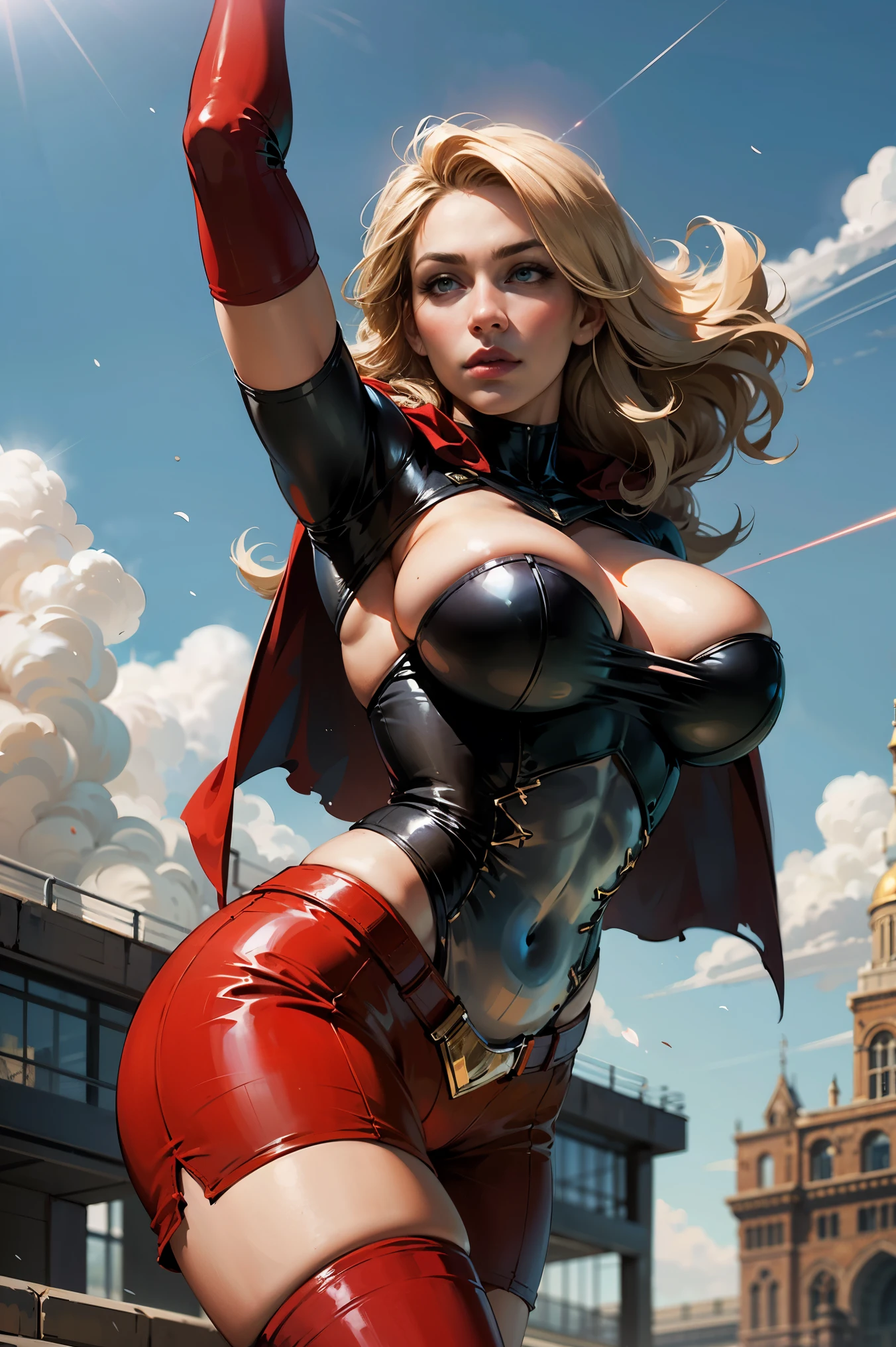 nijistyle, cowboy photo of beautiful lady in superman costume, long blonde hair, heroic, glowing red eyes, laser eyes, cape, particles, clouds, sky, red skirt, red boots, sexy pose, heroic pose:1.1 , strong arms:1.1, strong legs:1.1, big ass:1.1, very big breasts:1.1, full lips:1.1, sensual face:1.1, athletic woman.