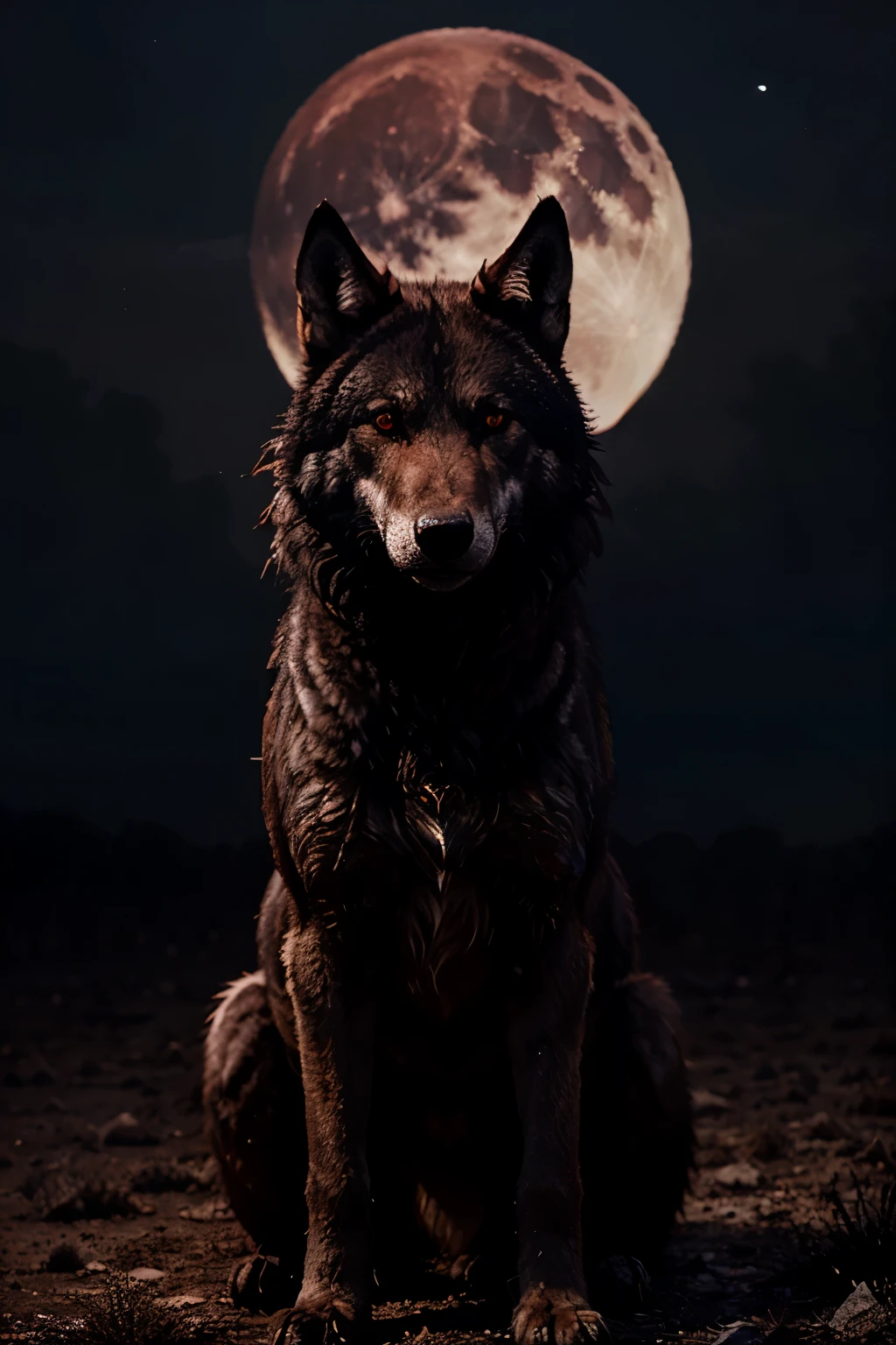 a large wolf covered in thorns with red eyes in front of a large moon with dry trees around it in a totally shadowy place