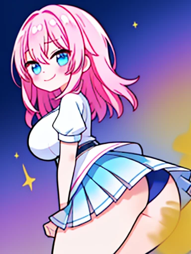 1 girl、Is it March?、Are standing、fart、blush、Satisfied smile、big breasts、lots of gas、starry sky、pink hair、white inner、Blue miniskirt、red and blue gradient eyes、sexy pose、Gas comes out of the butt、