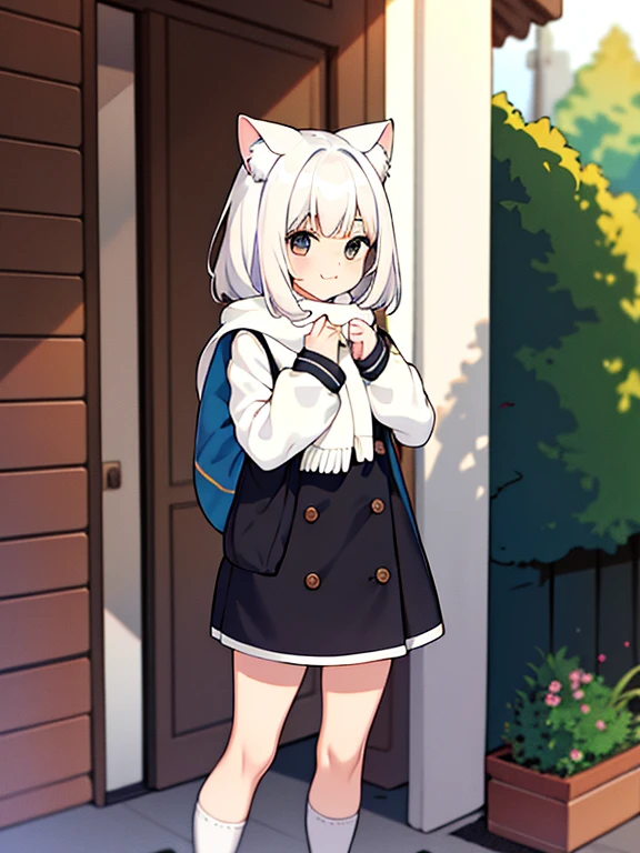 obra maestra, Necesidad, 1 chica, pelo blanco, pelo de longitud media, oreja de gato, ojos cerrados, mirando al espectador, :3, adorable, bufanda, chaqueta, falda corta,exteriores, la calle,