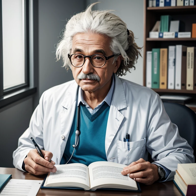 Un médecin portant des lunettes, ressemblant à Einstein, est assis dans un bureau, entouré de livres médicaux. Son regard réfléchi témoigne de sa sagesse, tandis que l'atmosphère studieuse de la pièce souligne son engagement envers la médecine.