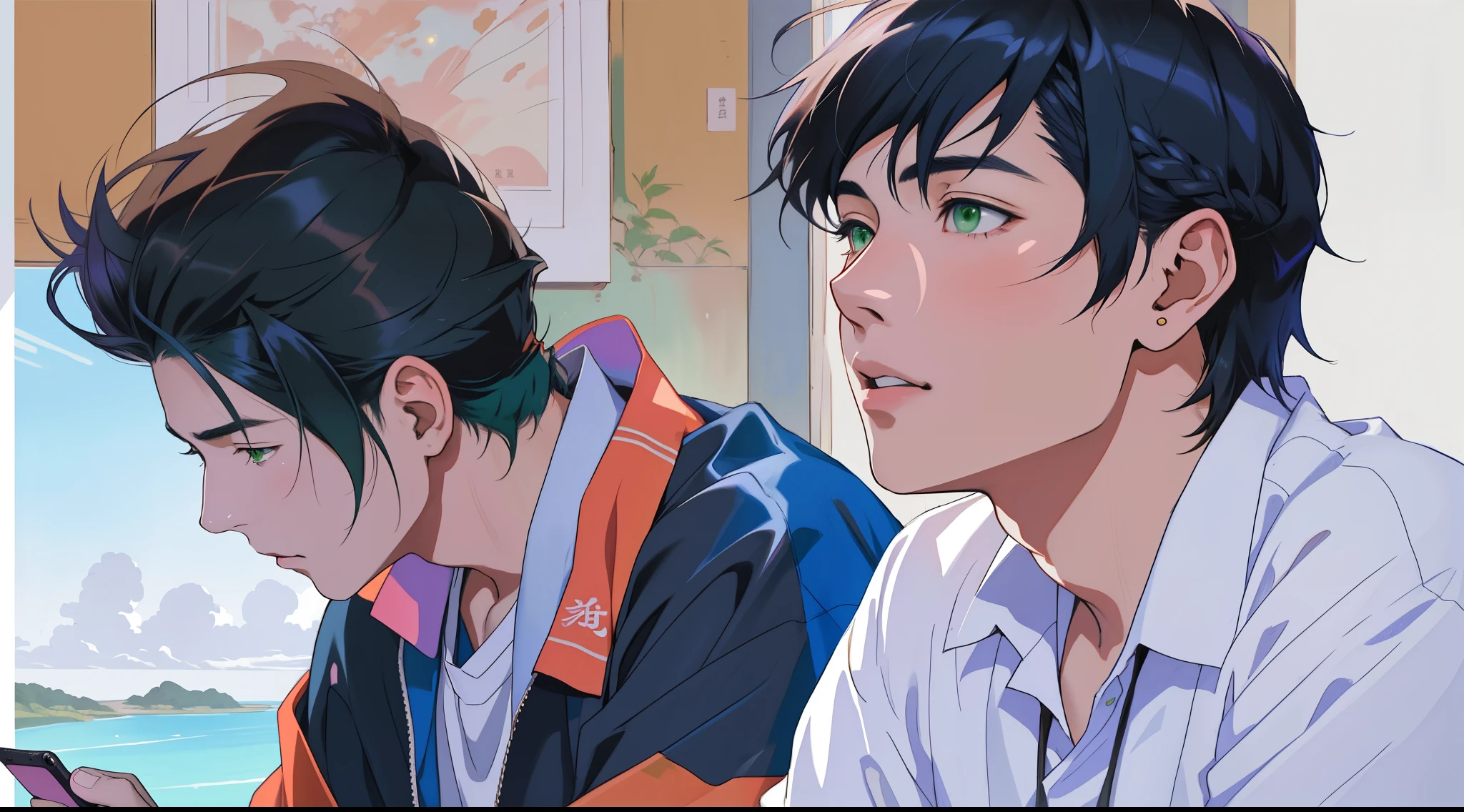 There are two 15-year-old men, their clothes are blue and their hair is green, green eyes., one of them looks with fear and amazement at the horizon sitting next to each other looking at a cell phone, jin shan y ross tran, arte digital picture, pintura digital de dibujos animados, inspirado por Matsumura Goshun, [ arte digital ]!!, # 1 pintura digital de todos los tiempos, #1 pintura digital de todos los tiempos, realism artistic style, realistic anime art style, realistic art style