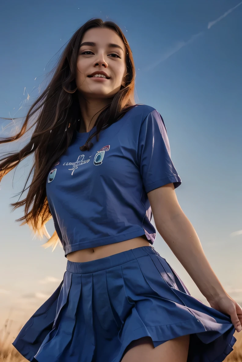 Cheerful young girl with long flowing dark hair and sparkling blue eyes., wear a drawstring shirt and a pleated skirt, looks at the sky. The sky is a canvas of twilight, painted with a palette of dark blue, purple and pale pink colors. Beautiful spectacular figure, playful body manipulation, should evoke a feeling of introspection and awe of the Universe.