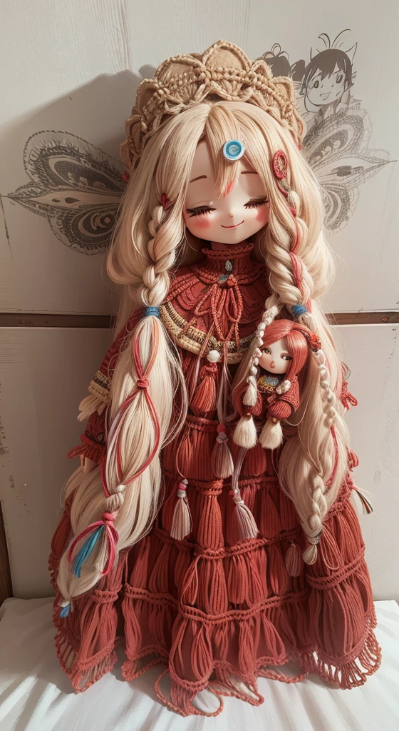 macrame Doll with long hair and beautiful happy face,cute and cuddly,8k,highly detailed,masterpiece,anime style,Lovely, Cute,vibrant, bright colors