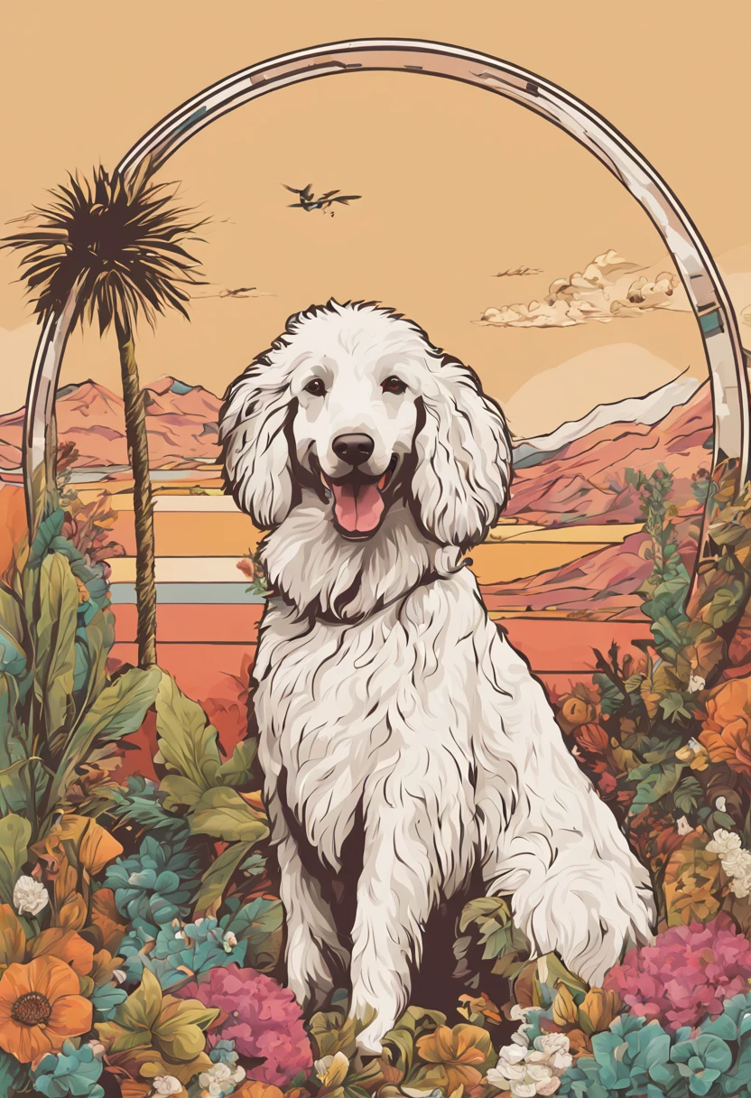 Plants and artistic details form a round frame to house the dog in the center, Popart, streetart, isolated vector-art t-shirt design of a dog of the large Poodle breed white color
, look at the desert with curiosity and wonder.  White Collie dog or bitch should be portrayed with a sense of admiration and fascination, cercado pelas maravilhas da natureza. Use cores suaves e sonhadoras para criar uma atmosfera extravagante e encantadora. The design should evoke a sense of wandering desire and encourage viewers to embrace their own adventurous spirit, isolado, Sem antecedentes, no estilo 0mib