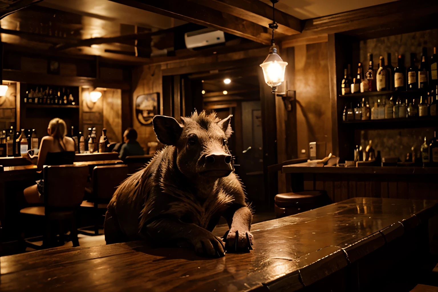 A warthog sitting in a bar, (warthog)
