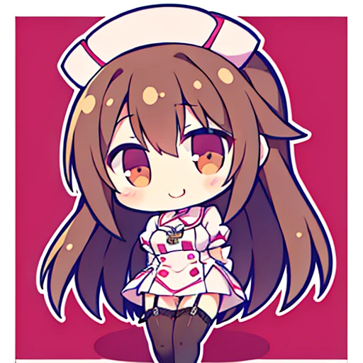 muste piece、super detailed、High quality、masterpiece、highest quality, 1 girl, long brown hair:1.5、wavy long hair、brown eyes、alone、Sexy Nurse、garter belt、garter stockings、cross mark nurse cap、bewitching smile、{{one tone background、 background:1.8}}、Full body Esbian、icon、