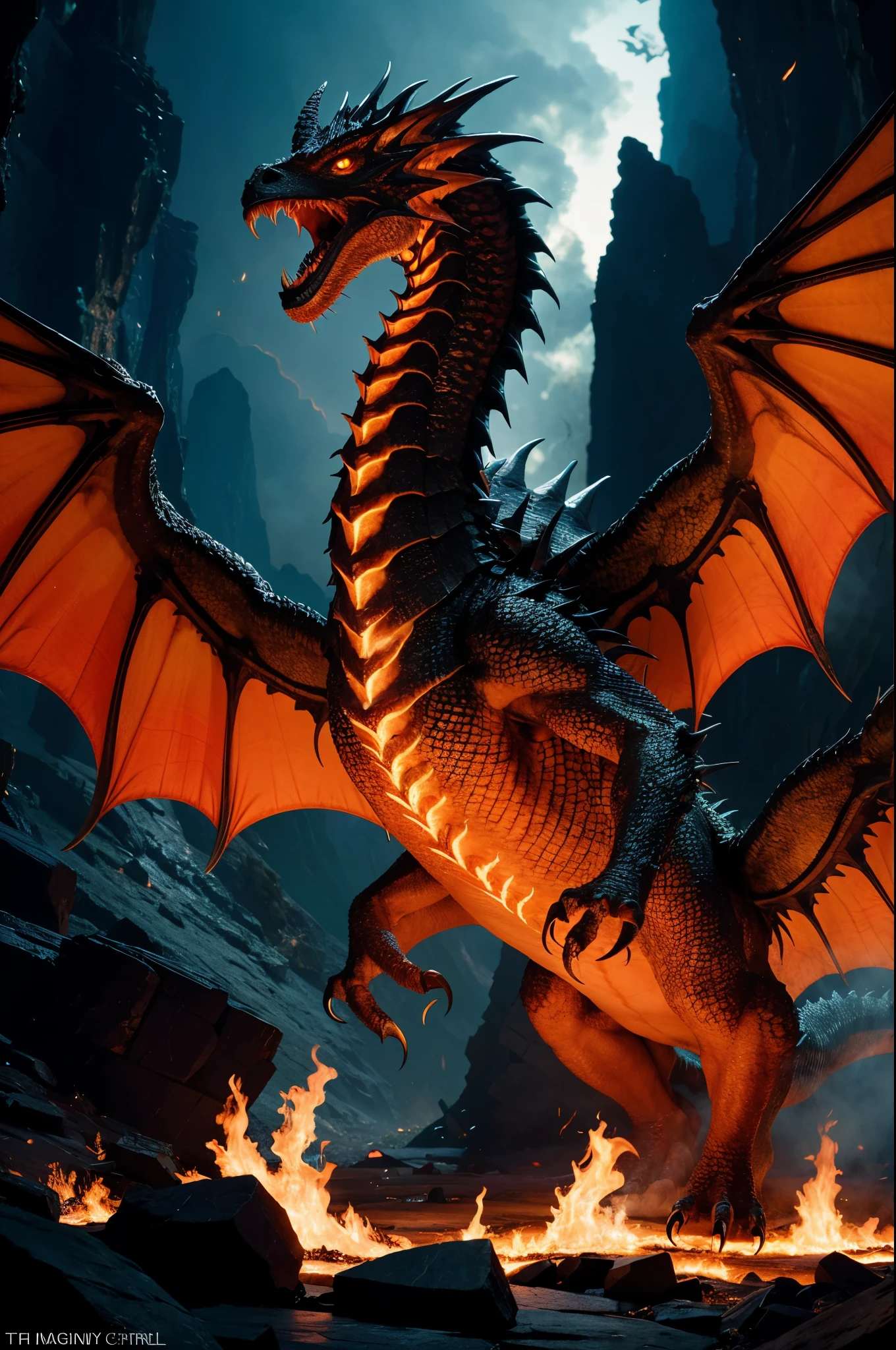 (high quality, 4k, masterpiece:1.2), ultra-detailed, (realistic:1.37), immense creature, magnificent scales, fearsome fire-breathing, vibrant colors, dark cave, ominous atmosphere, jagged mountains, ancient guardian, majestic presence, intense heat, dangerous flames, awe-inspiring, mythical creature, fiery nest, precious eggs, adorable baby dragons, powerful wings, sharp claws, ferocious gaze, billowing smoke, blazing inferno