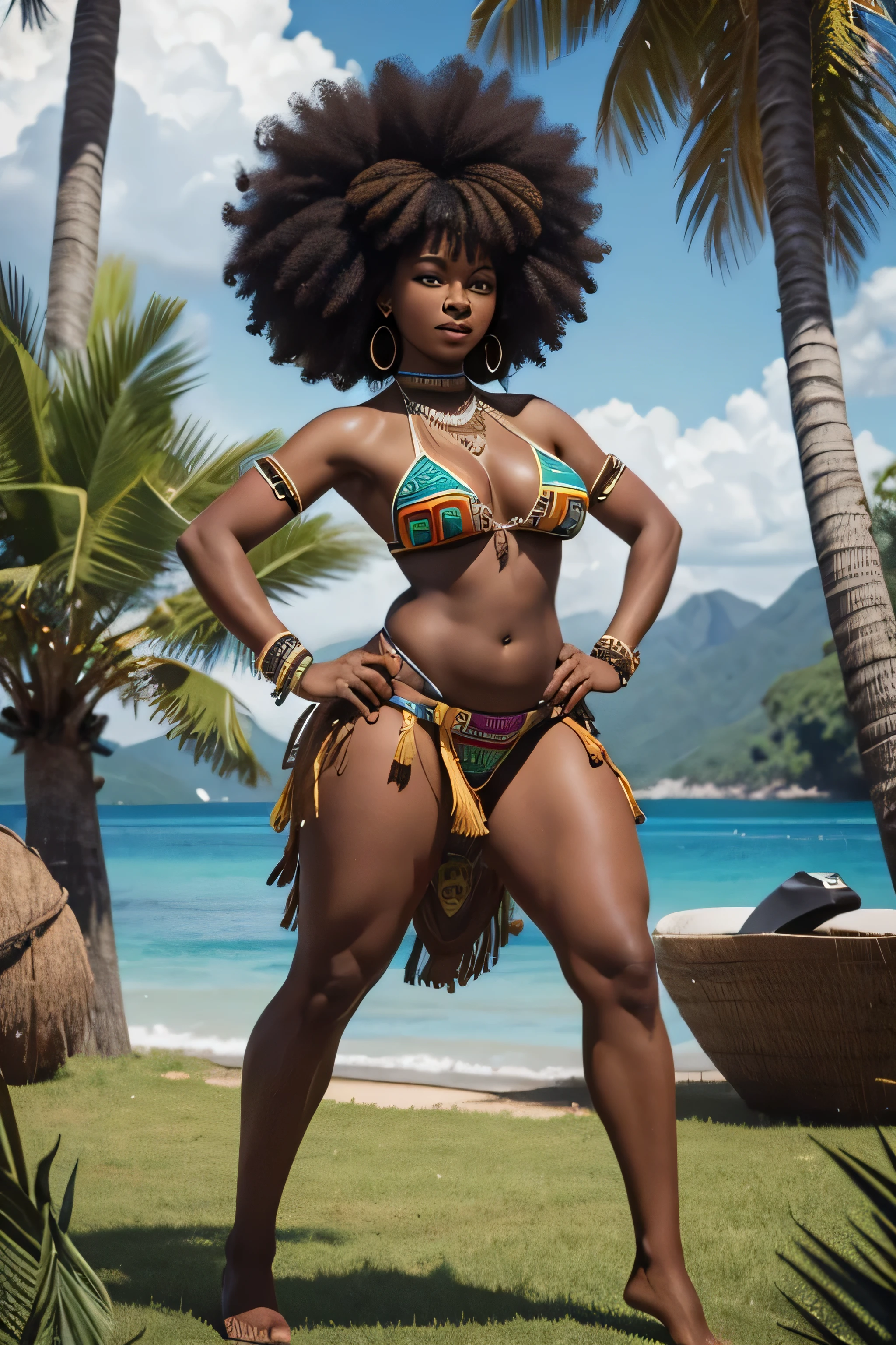 HD, dark skinned, female, age 18, humanoid, honey, afro hair, Jackie Parris, ((((Jackie Parris)))), thicc build, full body, loincloth, dancing, tribal, grass skirt, coconut bikini