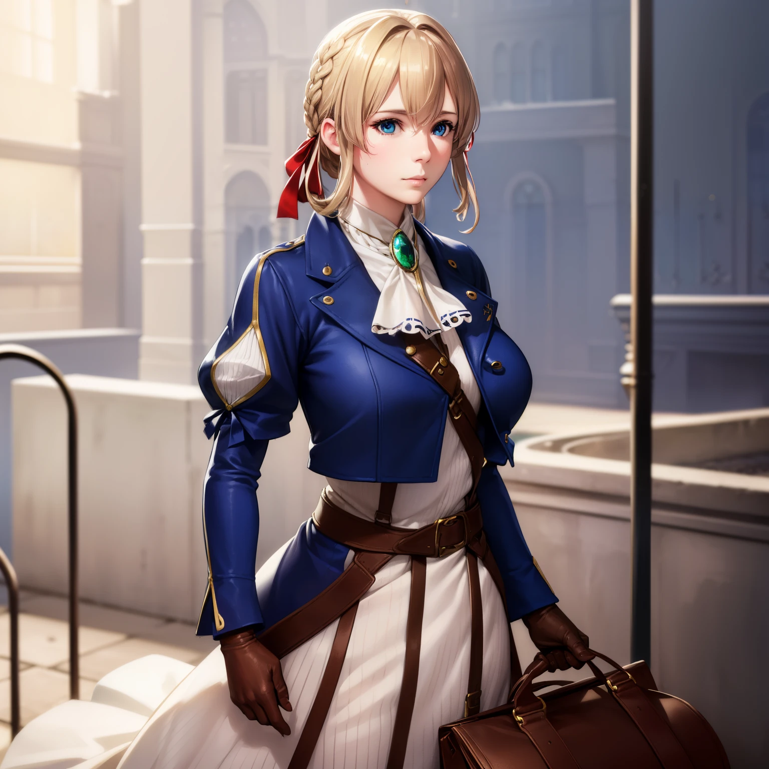 {{Masterpiece, highest quality, (((Photorealistic, Photorealsitic:1.37))), ((solo)), 8K quality, very delicate and beautiful , amazing, detailed official art, ridiculous, incredibly ridiculous, huge file size, ultra-detailed, highly detailed, cinematic lighting}}, Violet Evergarden, Violet Evergarden, blonde, blue eyes, hair ribbon, bowknot, short hair, braids, braids, red ribbon, mature woman, break blue jacket, brown gloves, cropped jacket, dress, Gloves, green brooch, jacket, Juliet sleeves, long sleeves, puffy sleeves, white dress, waiting for the Major to return at the station.