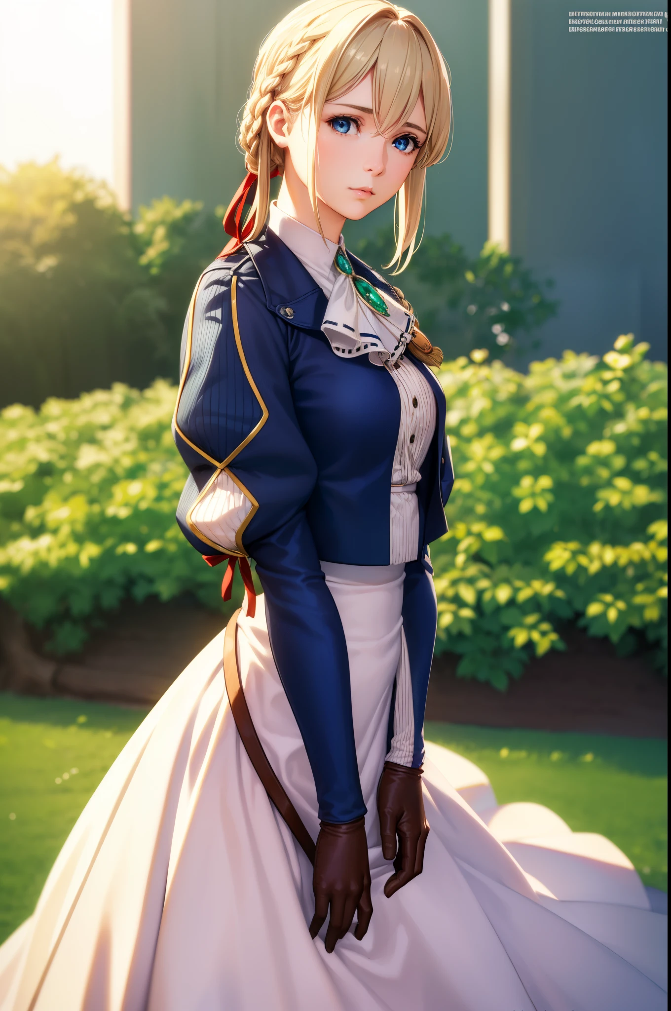  {{Masterpiece, highest quality, (((Photorealistic, Photorealsitic:1.37))), ((solo)), 8K quality, very delicate and beautiful , amazing, detailed official art, ridiculous, incredibly ridiculous, huge file size, ultra-detailed, highly detailed, cinematic lighting}}, Violet Evergarden, Violet Evergarden, blonde, blue eyes, hair ribbon, bowknot, short hair, braids, braids, red ribbon, mature woman, break blue jacket, brown gloves, cropped jacket, dress, Gloves, green brooch, jacket, Juliet sleeves, long sleeves, puffy sleeves, white dress, waiting for the Major to return at the station.