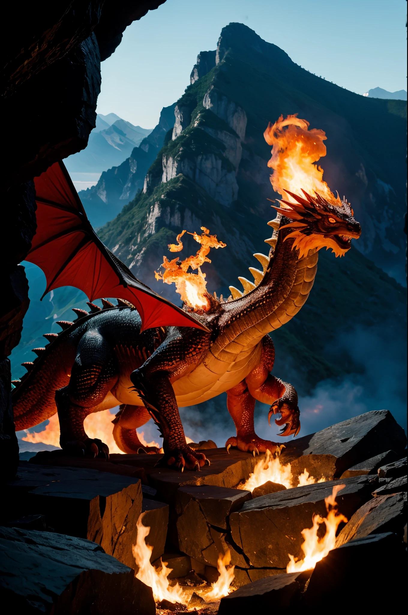 (high quality, 4k, masterpiece:1.2), ultra-detailed, (realistic:1.37), immense creature, magnificent scales, fearsome fire-breathing, vibrant colors, dark cave, ominous atmosphere, jagged mountains, ancient guardian, majestic presence, intense heat, dangerous flames, awe-inspiring, mythical creature, fiery nest, precious eggs, adorable baby dragons, powerful wings, sharp claws, ferocious gaze, billowing smoke, blazing inferno