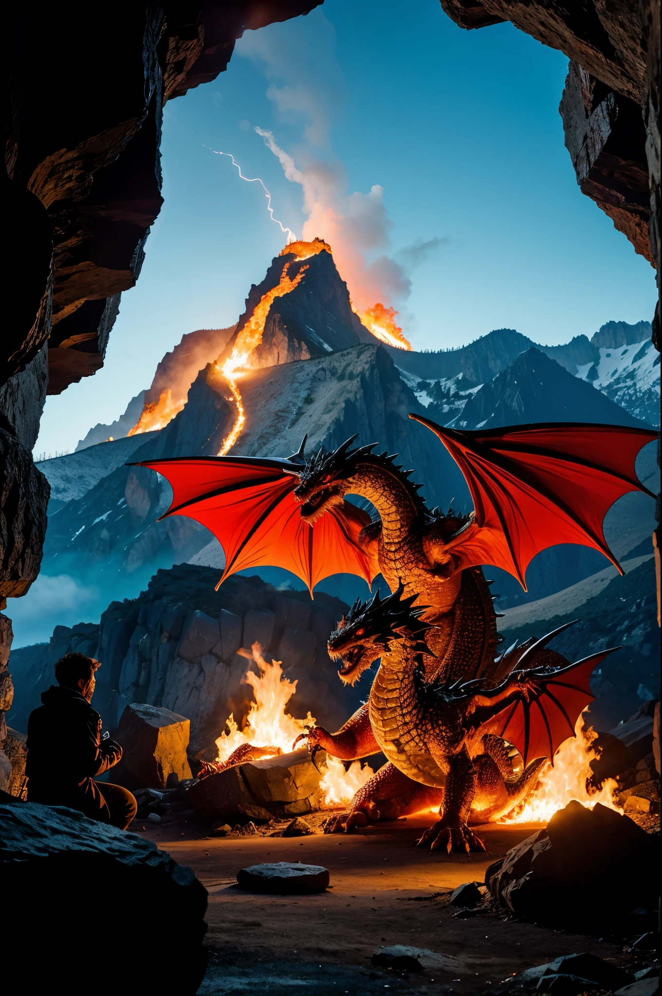 (high quality, 4k, masterpiece:1.2), ultra-detailed, (realistic:1.37), immense creature, magnificent scales, fearsome fire-breathing, vibrant colors, dark cave, ominous atmosphere, jagged mountains, ancient guardian, majestic presence, intense heat, dangerous flames, awe-inspiring, mythical creature, fiery nest, precious eggs, adorable baby dragons, powerful wings, sharp claws, ferocious gaze, billowing smoke, blazing inferno