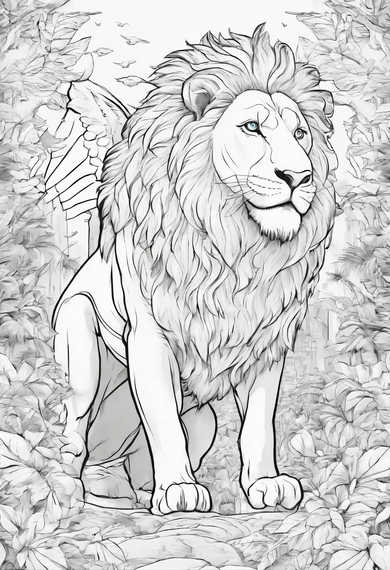 b/w outline art for kids coloring book page Brave Lions, coloring pages, angel, full white, kids style, white background, skect style, black and white

