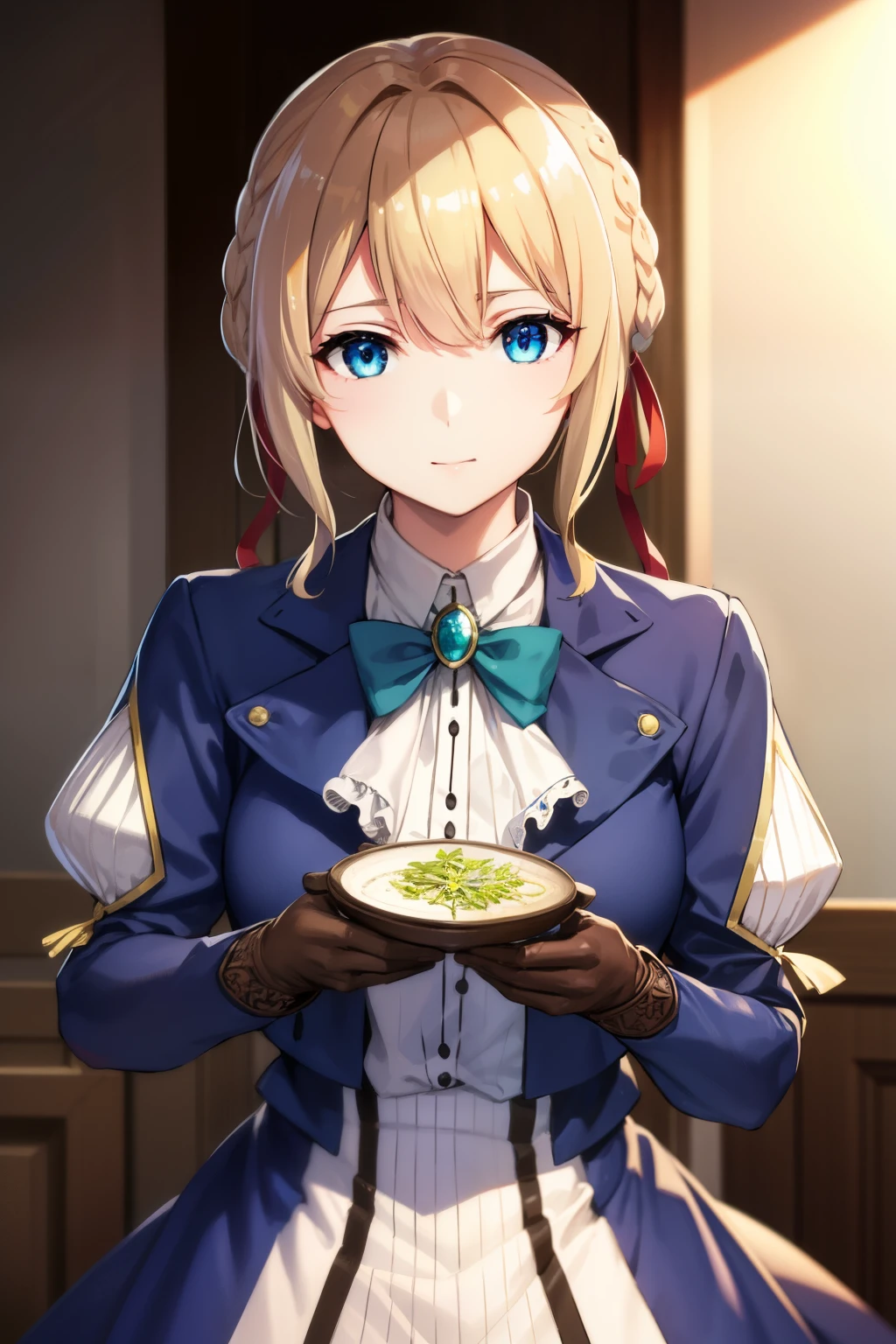 Violet Evergarden, Violet Evergarden, Blonde hair, Blue eyes, Hair Ribbon, bow ribbon, Short hair, Braids, hair braids, Red Ribbon, maturefemale, Blake Blue Jacket, Brown gloves, Cropped jacket, Dress, gloves, Green brooch, Jacket, juliet sleeves, Long sleeves, Puffy sleeves, White Dress, BREAK looking at viewer, BREAK outdoors, city, BREAK (masutepiece:1.2), Best Quality, High resolution, Unity 8k壁纸, (Illustration:0.8), (Beautiful detailed eyes:1.6), extra detailed face, Perfect Lighting, extremely details CG, (Perfect hands, Perfect Anatomy),a smile