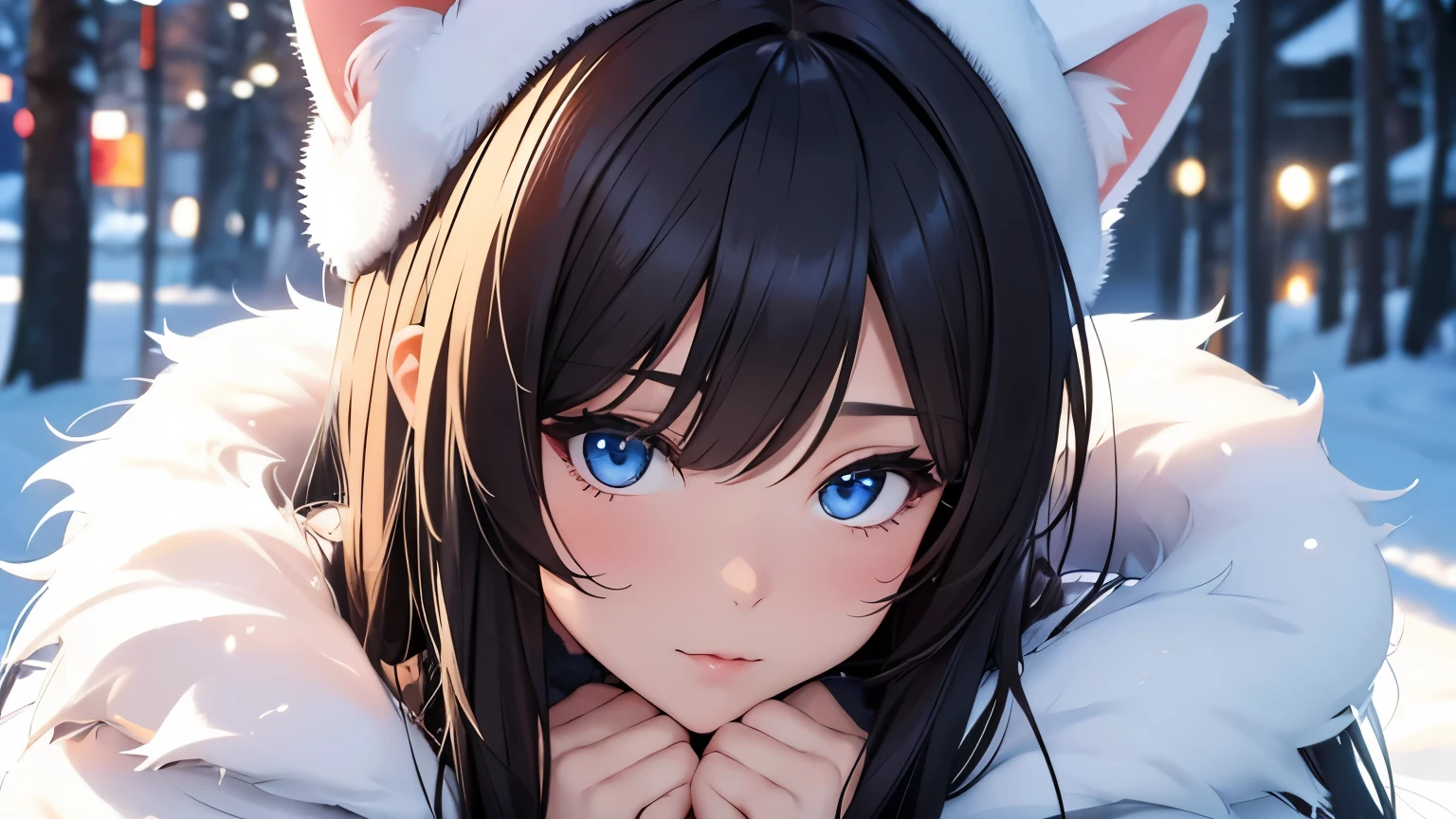 neko in fur bikini, winter background, close up on upper face, hands on butt
