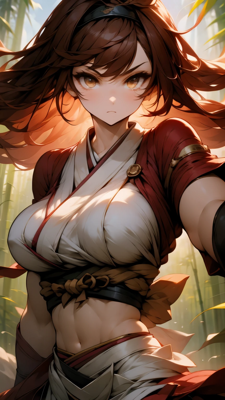 Anime girl, 1 anime girl, brown hair, golden eyes, glowing eyes, thick hair, blown by the wind, crop top, mini skirt, blush, sun, bamboo forest, sunlight, white skin, red black and white outfit, red headband, beautiful, fight pose, kimono