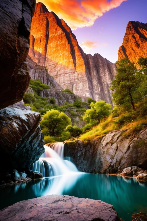 Surreal waterfall landscape in the mountains at sunset, The raw power and beauty of nature is breathtaking. The sun casts orange and pink light on the mountain peaks, Reflected in the calm waters of the waterfall. pouring water, in its crystal clear form, as it merges with the river below，seems almost ethereal. The mountains in the background are depicted in intricate detail, Its jagged edges and rough textures come alive in 8k resolution. Achieve a sense of depth by carefully blending the foreground, Middle ground, and background elements. Water droplets suspended in the evening air, Pause midway