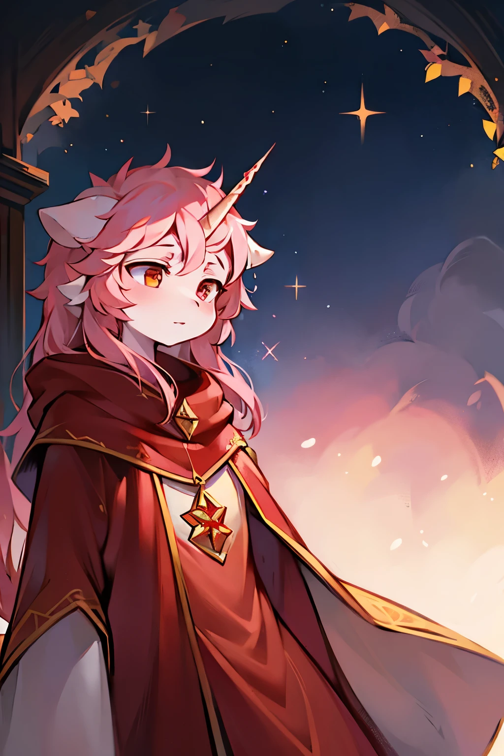 Unicorn in a Red Cloak: A magical creature, adorned in a vibrant red cloak that billows in the gentle breeze, reveals its ethereal beauty. The unicorn's shimmering, pure-white fur sparkles under the soft light, contrasting perfectly with its crimson attire. Its enchanting horn protrudes gracefully from its forehead, radiating a gentle aura that captivates the soul. The red cloak, a symbol of mystery and magic, adds an element of intrigue to this stunning, mythical creature. (Magical creature: 1.3, Mythical being: 1.1, Ethereal beauty: 1
