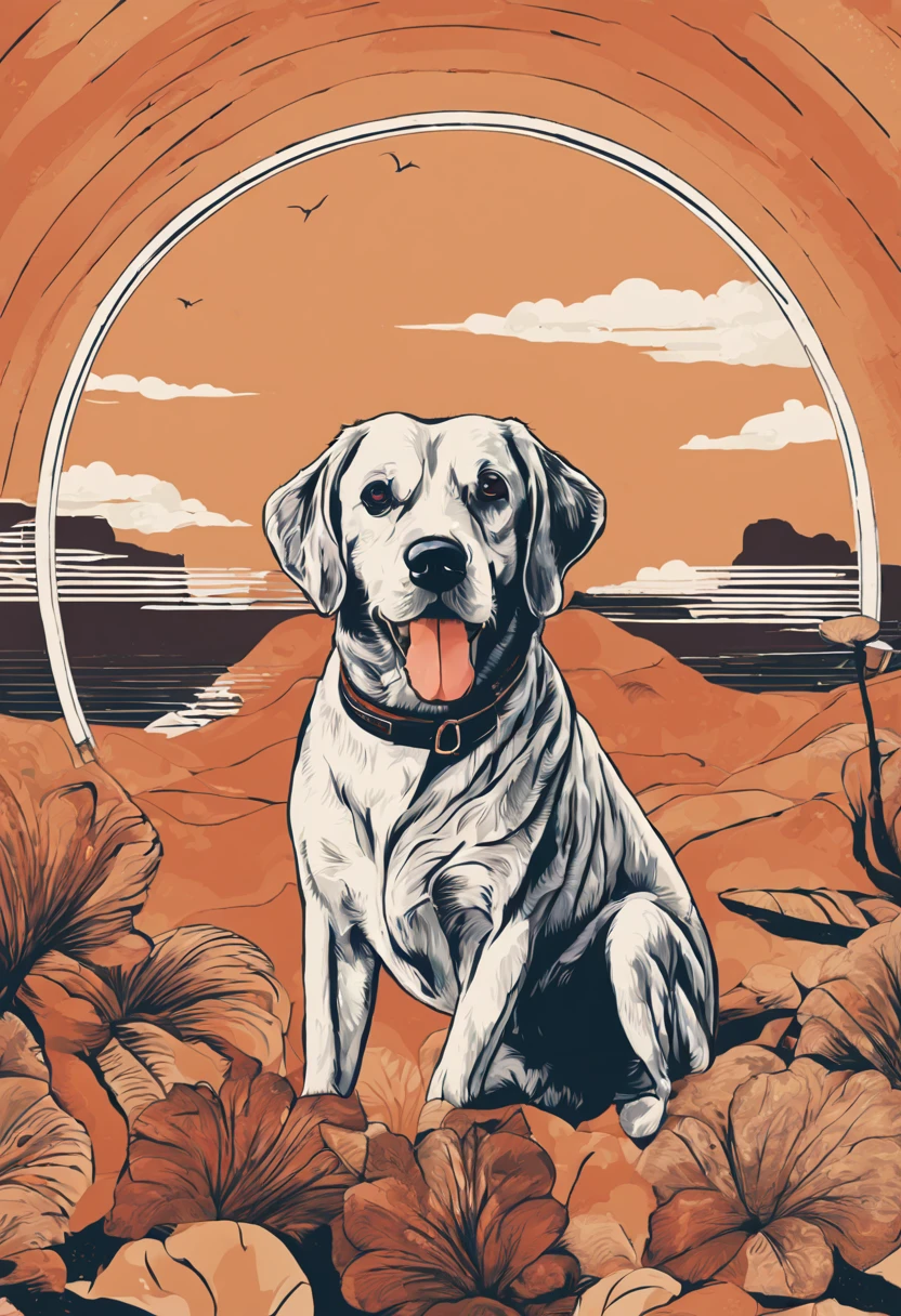 Plants and artistic details form a round frame to house the dog in the center, Popart, streetart, isolated vector-art t-shirt design of a boudog breed dog
, look at the desert with curiosity and wonder.  Boudog dog or bitch should be portrayed with a sense of admiration and fascination, cercado pelas maravilhas da natureza. Use cores suaves e sonhadoras para criar uma atmosfera extravagante e encantadora. The design should evoke a sense of wandering desire and encourage viewers to embrace their own adventurous spirit, isolado, Sem antecedentes, no estilo 0mib