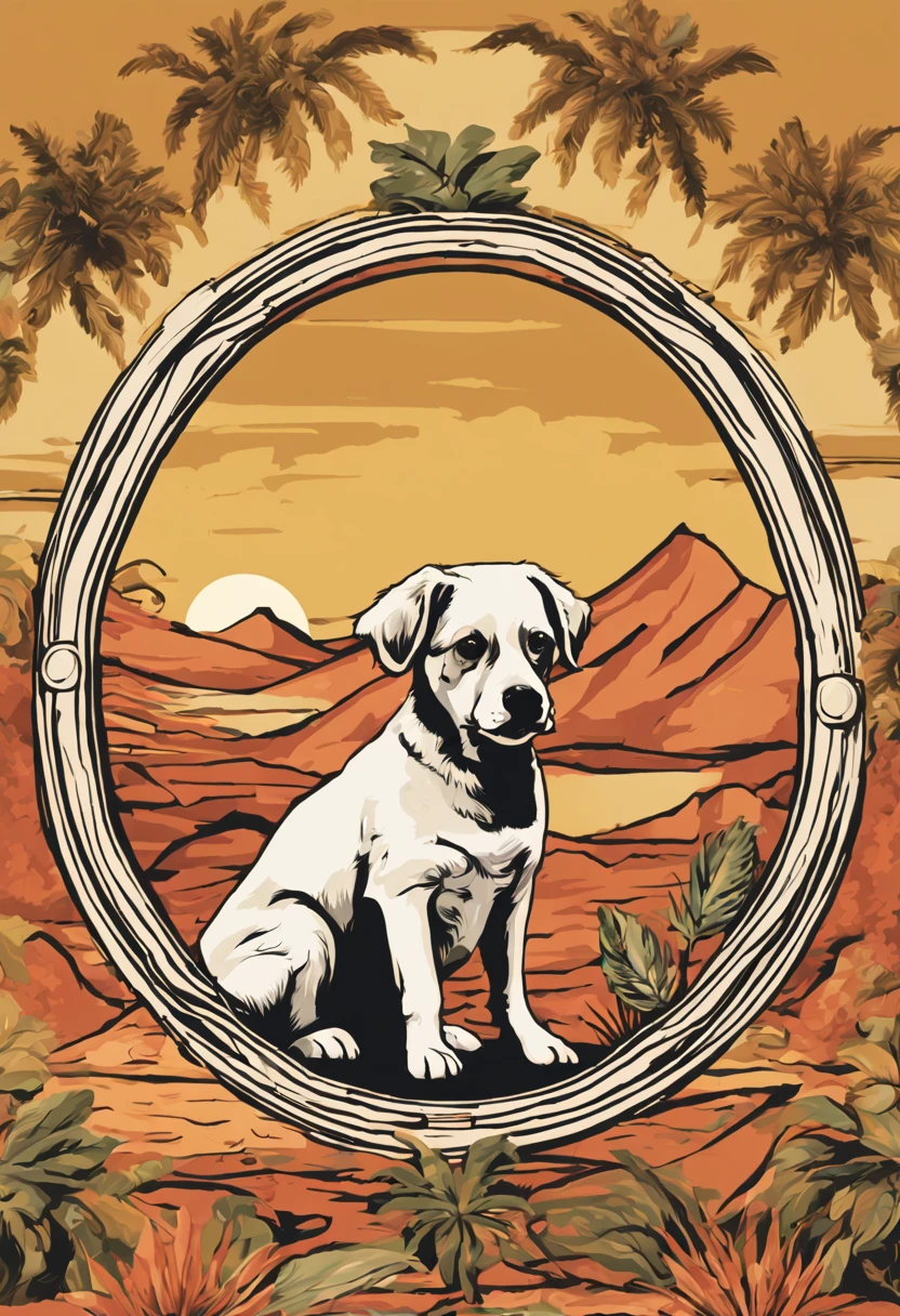 Plants and artistic details form a round frame to house the dog in the center, Popart, streetart, isolated vector-art t-shirt design of a boudog breed dog
, look at the desert with curiosity and wonder. Boudog dog or bitch should be portrayed with a sense of admiration and fascination, cercado pelas maravilhas da natureza. Use cores suaves e sonhadoras para criar uma atmosfera extravagante e encantadora. The design should evoke a sense of wandering desire and encourage viewers to embrace their own adventurous spirit, isolado, Sem antecedentes, no estilo 0mib