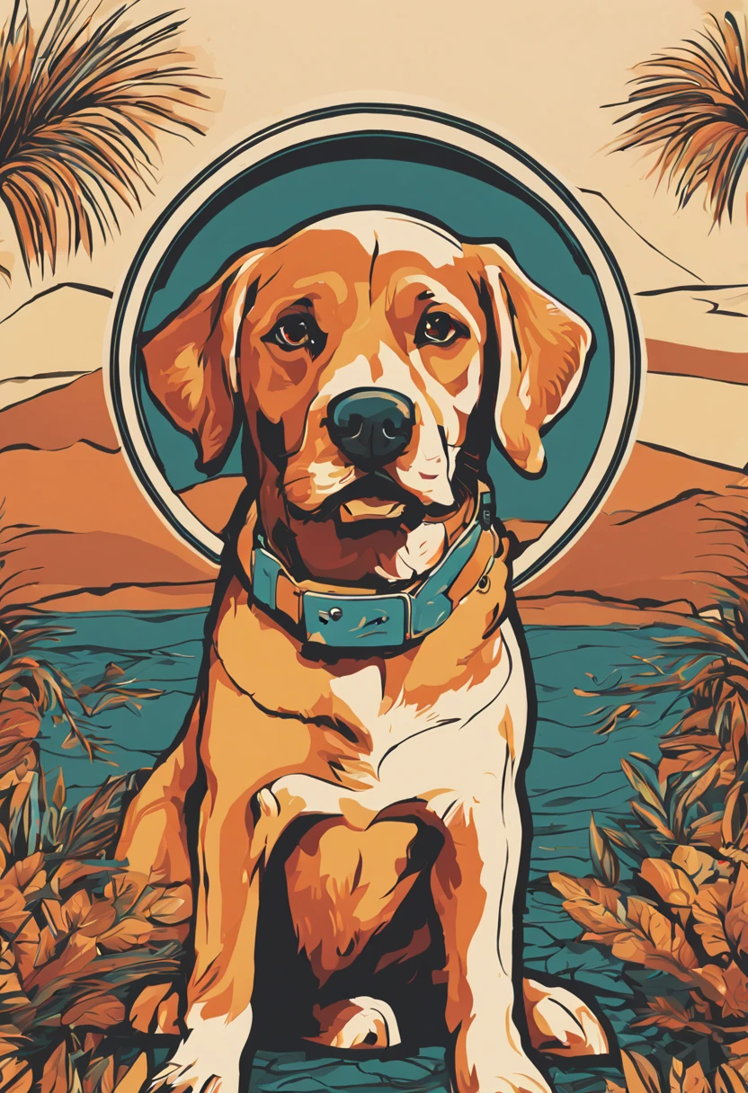Plants and artistic details form a round frame to house the dog in the center, Popart, streetart, isolated vector-art t-shirt design of a boudog breed dog
, look at the desert with curiosity and wonder.  Boudog dog or bitch should be portrayed with a sense of admiration and fascination, cercado pelas maravilhas da natureza. Use cores suaves e sonhadoras para criar uma atmosfera extravagante e encantadora. The design should evoke a sense of wandering desire and encourage viewers to embrace their own adventurous spirit, isolado, Sem antecedentes, no estilo 0mib