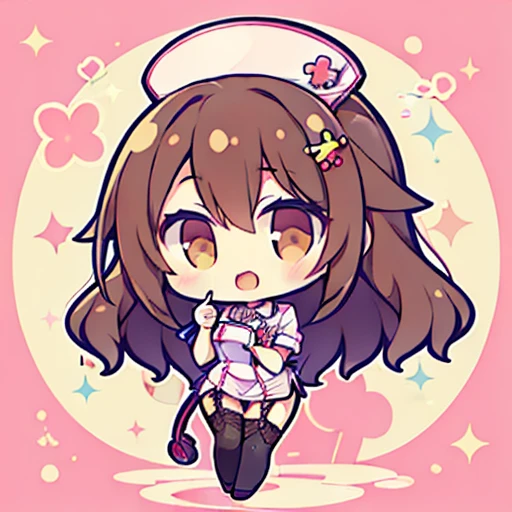  muste piece、super detailed、High quality、masterpiece、highest quality, 1 girl, long brown hair:1.5、wavy long hair、brown eyes、alone、Sexy Nurse、garter belt、garter stockings、cross mark nurse cap、bewitching smile、{{one tone background、 background:1.8}}、Full body Esbian、icon、