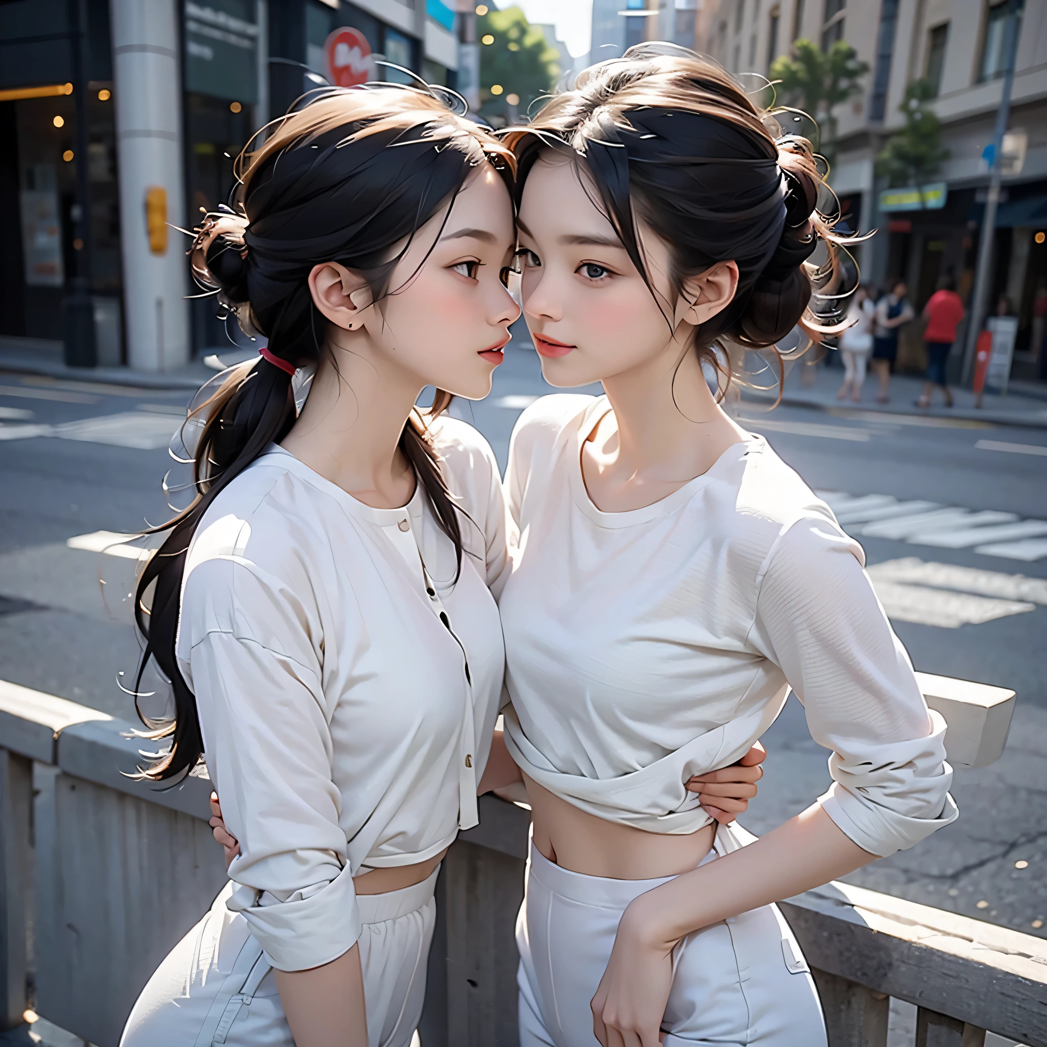Two very sexy slender girls with round firm breasts and athletic bodies gently kiss each other on the lips standing on the street.