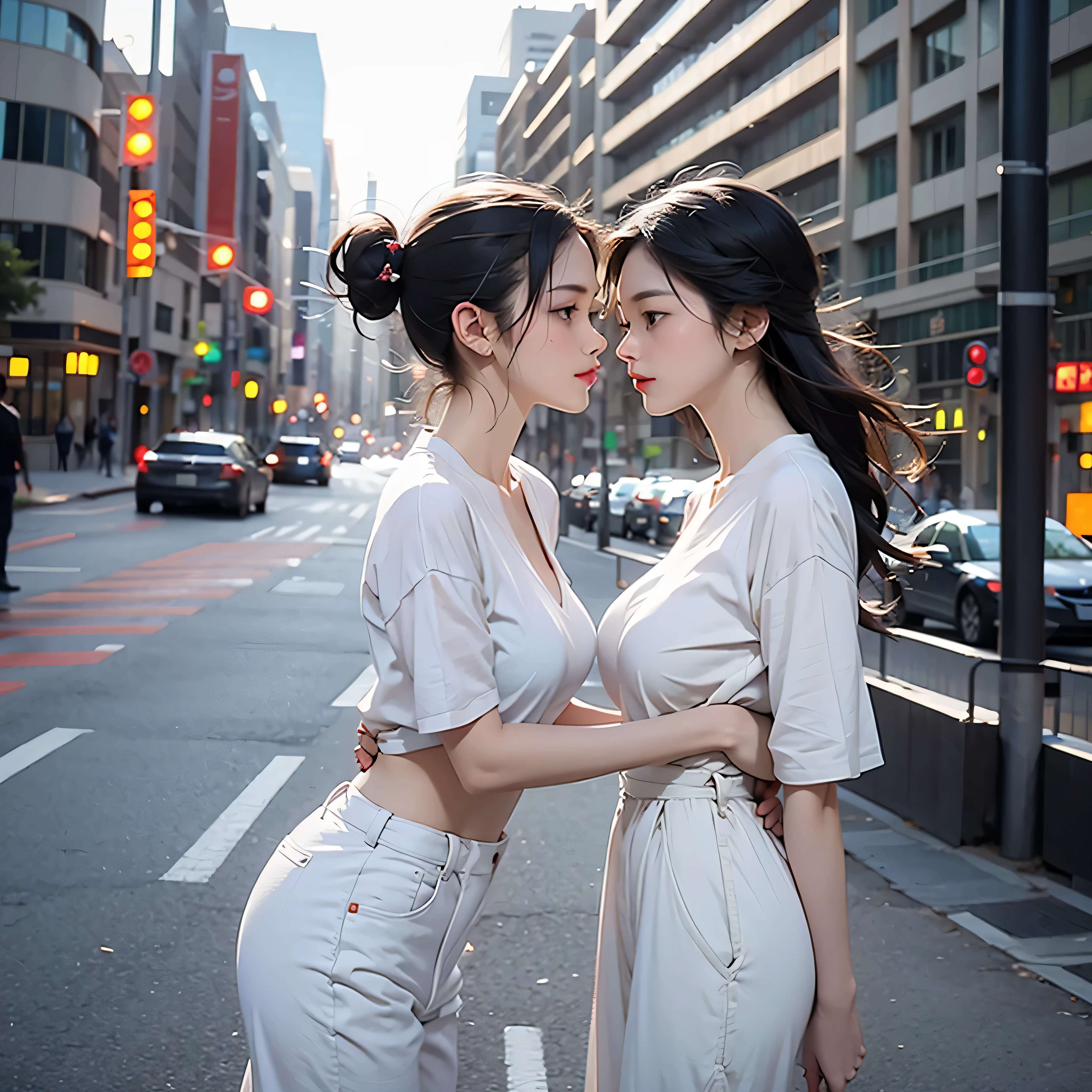 Two very sexy slender girls with round firm breasts and athletic bodies gently kiss each other on the lips standing on the street.