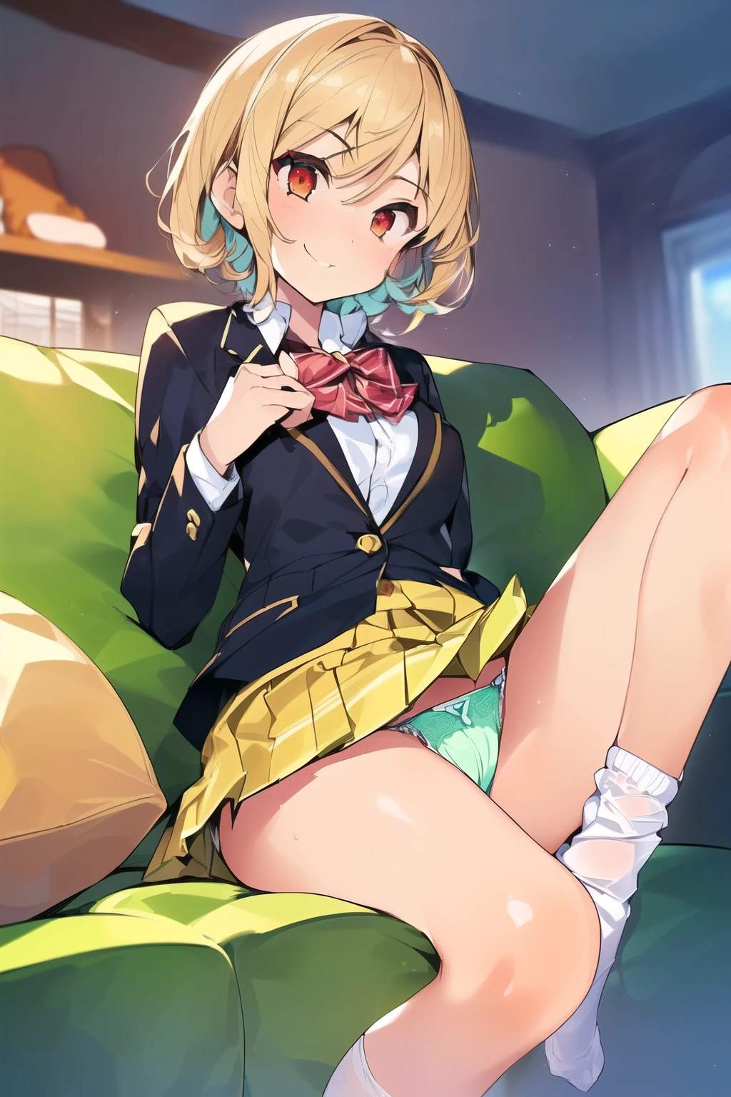 (((((1girl))))), (((best quality))), ((((masterpiece)))), (((ultra-detailed))), (illustration), (detailed light), (an extremely delicate and beautiful), (beautiful detailed eyes), (sunlight), ((extremely light)),
((((typical school blazer and a pleated skirt)))),
school girl,
wavy short manish bob, (((yellow gold hair)), (((short hair))),
(((deep red eyes))),
((whole body)), aged 12 to 15, (()),
diamond, beautiful, ((extra elegant)), (((condescending expression))), (sexually mischievous smile), (((extra adorable))), (((extra slender shape))),
(((sittinng on the sofa with her legs open and up))),
(((exposed pale mint green panties))),
(((extraordinarily thin thighs))),
((white ankle socks))),