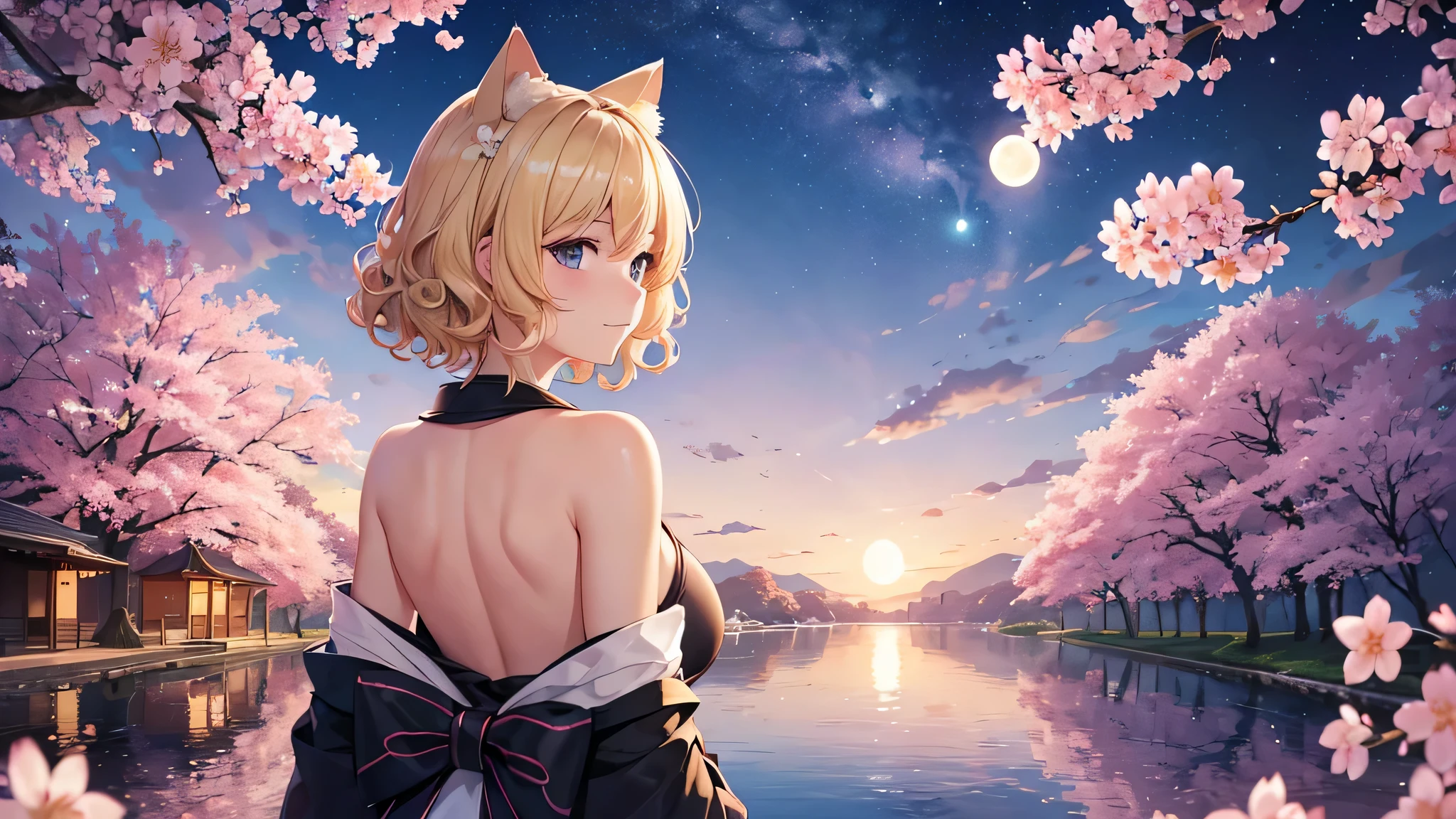 Meisterwerk, (blond_Haar, kurz_Haar, Locken), Mond, Nacht, 1girl, ALLEIN, Cherry blossoms, beautiful Himmel, Himmel, Blau_graue Augen, sexy, soft smile, Wolken, Sideboob, Kimono, Sterne, Stehen, , Sakura, Katze_Ohren, Cherry blossoms, ((behind)), See oder Fluss
