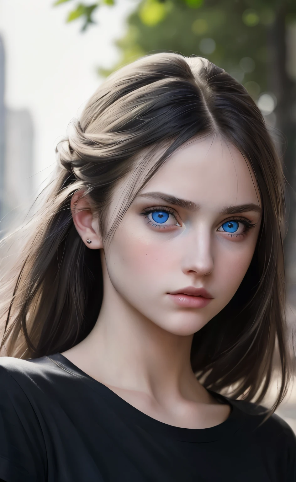 (masterpiece), (extremely complex:1.3), (Realistic), Portrait of a girl with sad blue eyes, in a black tee shirt, the most beautiful in the world, on open air, professional photo of a stunning woman in detail, sharp focus