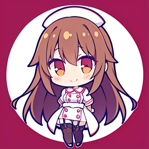 muste piece、super detailed、High quality、masterpiece、highest quality, 1 girl, long brown hair:1.5、wavy long hair、brown eyes、alone、Sexy Nurse、garter belt、garter stockings、cross mark nurse cap、bewitching smile、{{one tone background、 background:1.8}}、Full body Esbian、icon、