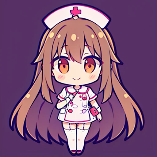  muste piece、super detailed、High quality、masterpiece、highest quality, 1 girl, long brown hair:1.5、wavy long hair、brown eyes、alone、Sexy Nurse、garter belt、garter stockings、cross mark nurse cap、bewitching smile、{{one tone background、 background:1.8}}、Full body Esbian、icon、