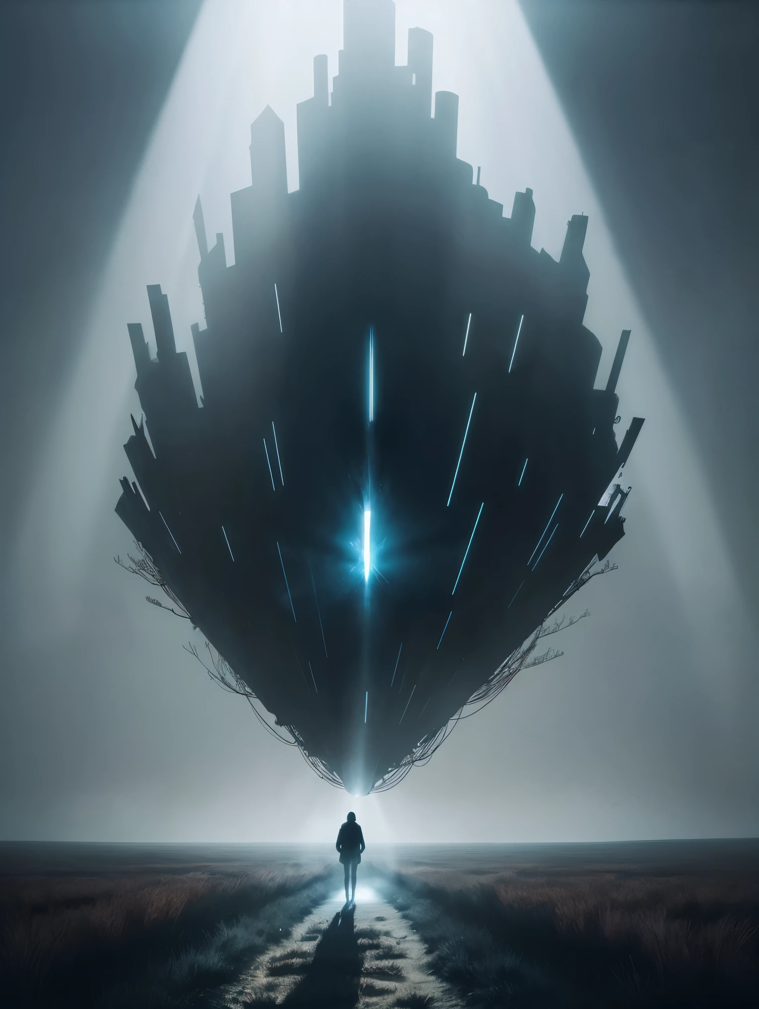 An intense and chilling depiction of an otherworldly abduction, showing a bright beam of light cutting through the darkness of a lonely field, as a terrified human is lifted off the ground by a mysterious, hovering spacecraft. The scene is filled with tension and mystery, capturing the fear and intrigue of an encounter with extraterrestrial beings. The lighting is eerie, casting long shadows and creating a sense of eerie suspense. The colors are a mix of deep blues and grays, adding to the overall atmospheric and surreal nature of the image.