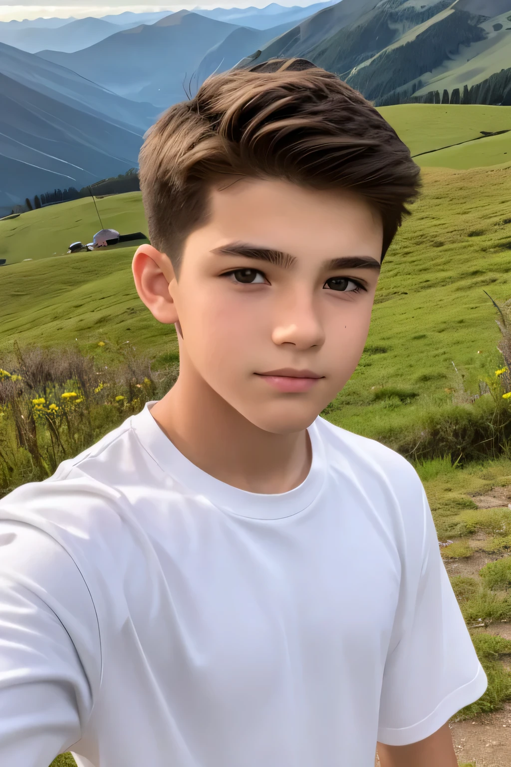 there is a 15 year old boy taking a selfie with a beautiful landscape behind him the boy is white, tem cabelo castanho curto e olhos castanhos.
