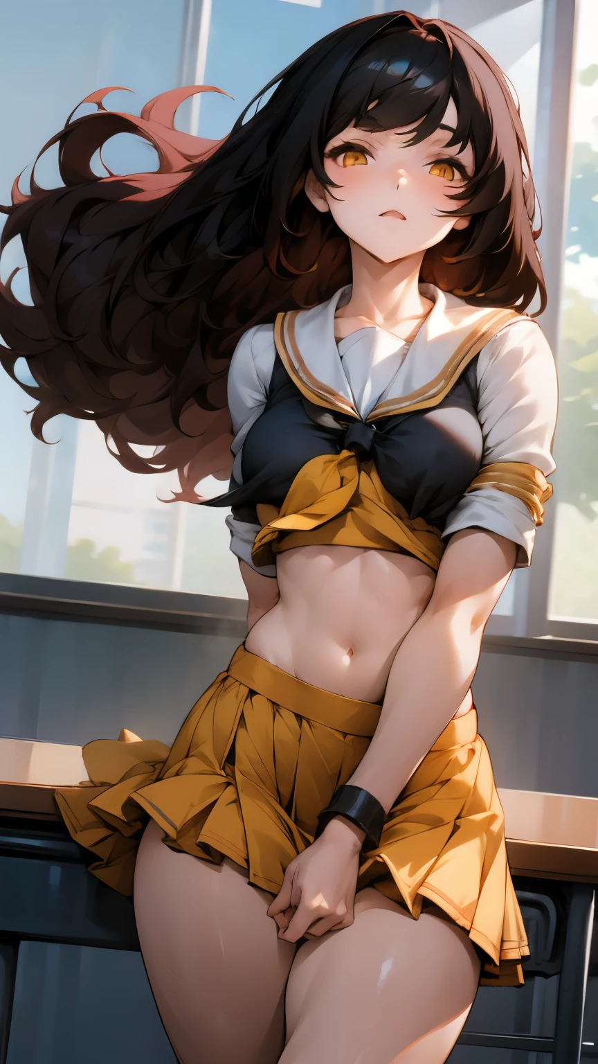 Anime girl, 1 anime girl, black hair, golden eyes, glowing eyes, thick hair, blown by the wind, crop top, mini skirt, blush, sun, classroom, sunlight, white skin, school outfit, beautiful