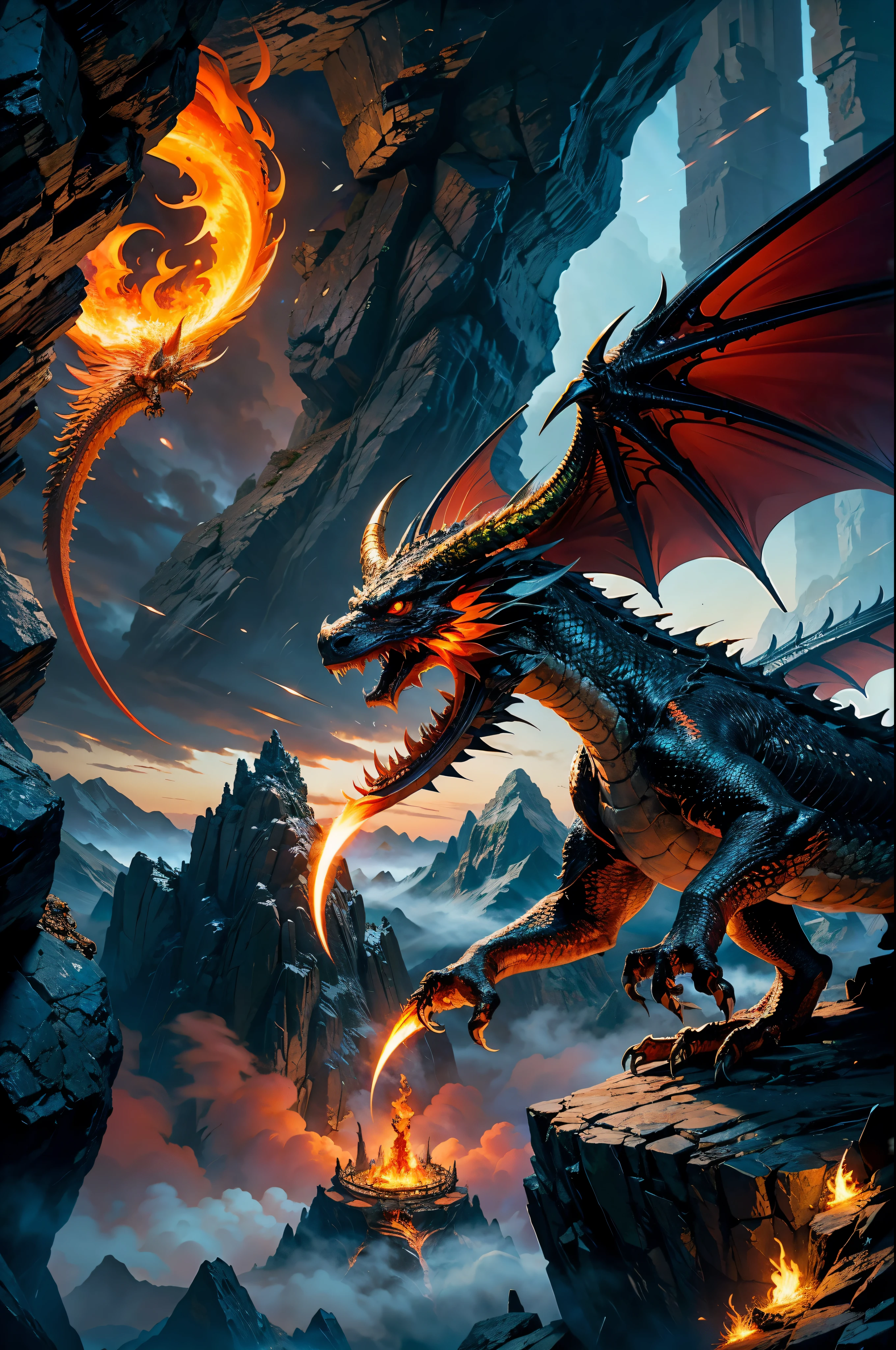 (high quality, 4k, masterpiece:1.2), ultra-detailed, (realistic:1.37), immense creature, magnificent scales, fearsome fire-breathing, vibrant colors, dark cave, ominous atmosphere, jagged mountains, ancient guardian, majestic presence, intense heat, dangerous flames, awe-inspiring, mythical creature, fiery nest, precious eggs, adorable baby dragons, powerful wings, sharp claws, ferocious gaze, billowing smoke, blazing inferno