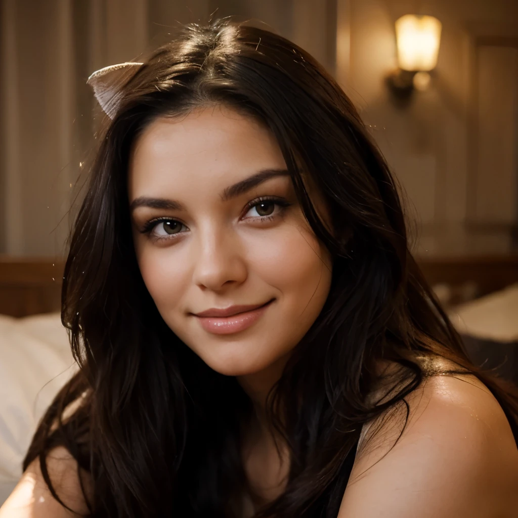A sexy beautiful dark hair with feline eyes and a warm and mesmerising smile with defined cheeks