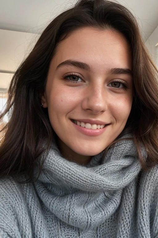 Instagram-Foto, 21 year old French woman, kurzes Haar, schwarzes Haar, Close-up portrait, Pullover, Dekollete, blass, harte Schatten, Smile, mattes licht