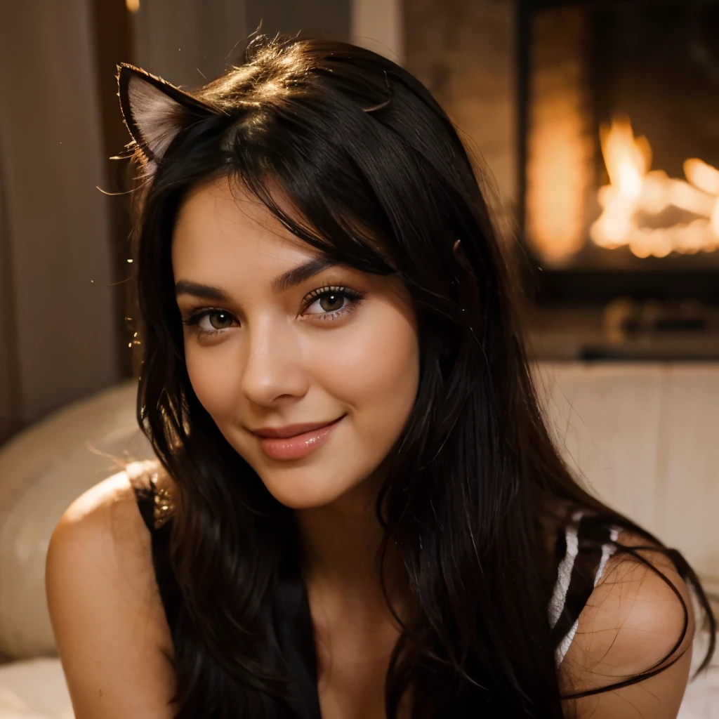 A sexy beautiful dark hair with feline eyes and a warm and mesmerising smile with defined cheeks 