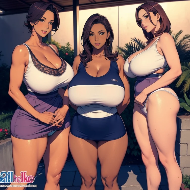 multiple thick body mature women milfs wearing sleeveless shirt and lift skirt ((show panties)), all milfs standing straight show only backside to camera, nsfw, show full body, show back view, in patio, dark skin tone milf, nsfw