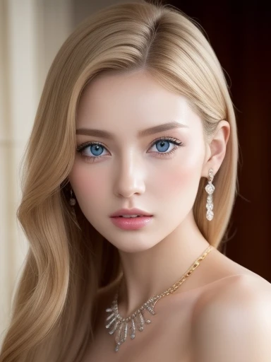 A woman of beauty in a fantastic space, 98k, {{Masterpiece}}, Best quality, High quality:1.4)，{{[[front look}}, eye_contact, a variety of poses)]], very pretty look face, and very pretty eyes, cute images, cute images, {{A half body}}, {{{{{{{{Long legs}}}}}}}}, {{{{slim sexy body}}}}, {{{{{{Tall woman}}}}}}, {{177 cm tall}}, Solo, Beautiful, Lovely, Adorable, Pale skin, look beautiful German girl and blue eyes or green eyes with platinum golden hair color), Nordic German young girl, {{{{{{{{{{half girl}}}}}}}}}}, {{{{{{{{{{High_Heels}}}}}}}}}}, Wavy long hair, nudity, earrings, princess, nipples, necklace, large breasts, large lips, makeup, blush, castle hall, thick eyebrows, naked