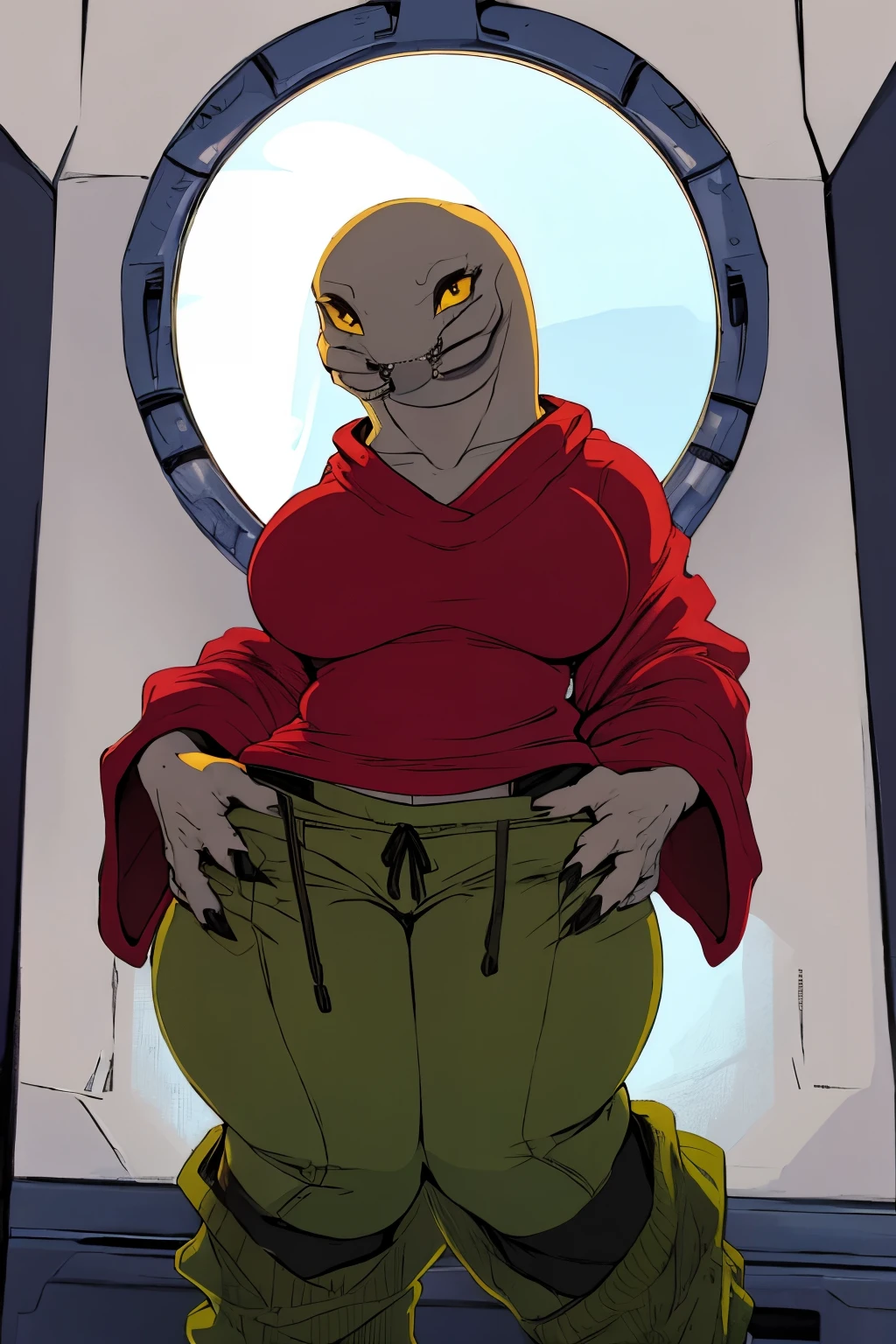 sangheili, anthro, female, solo, halo \(series\), alien, thick thighs, yellow eyes, looking at viewer, sweater, robe, pants