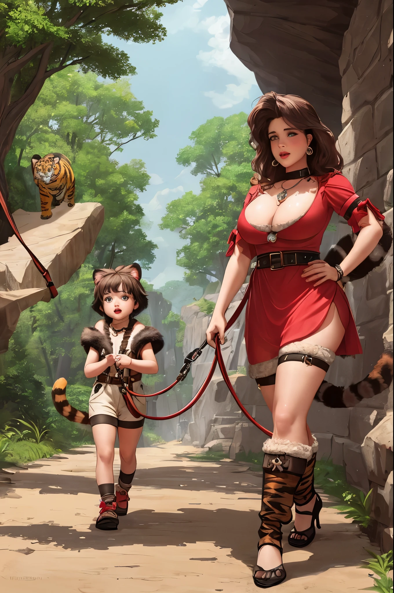 (young scarlett jahansson),cute fur cave woman outfit,walks pet tiger on leash,prehistoric Flintstone setting,show all of her!