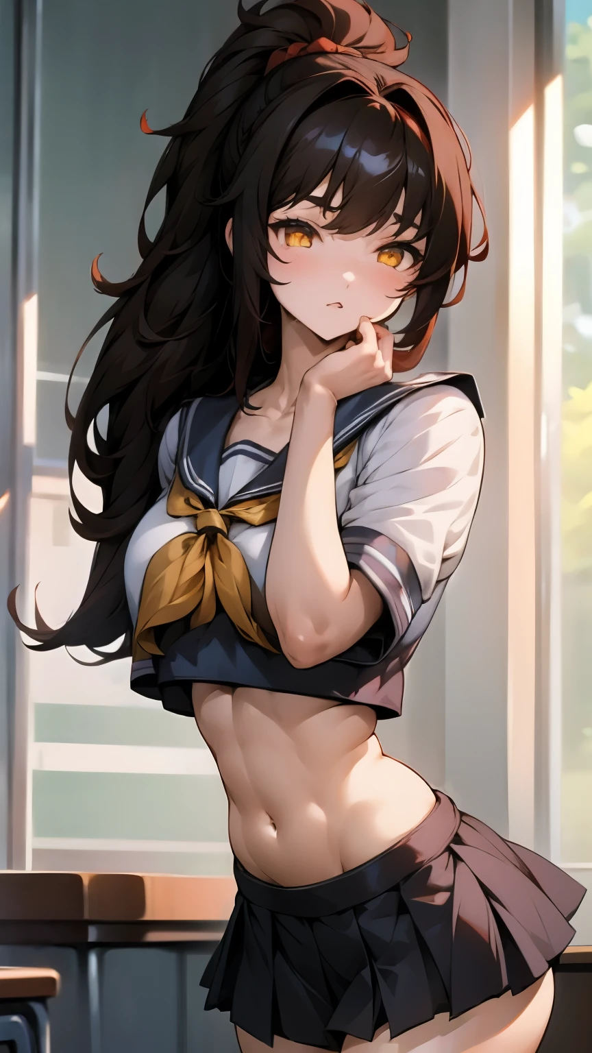 Anime girl, 1 anime girl, black hair, ponytail, golden eyes, glowing eyes, thick hair, blown by the wind, crop top, mini skirt, blush, classroom, sunlight, white skin, school uniform, beautiful