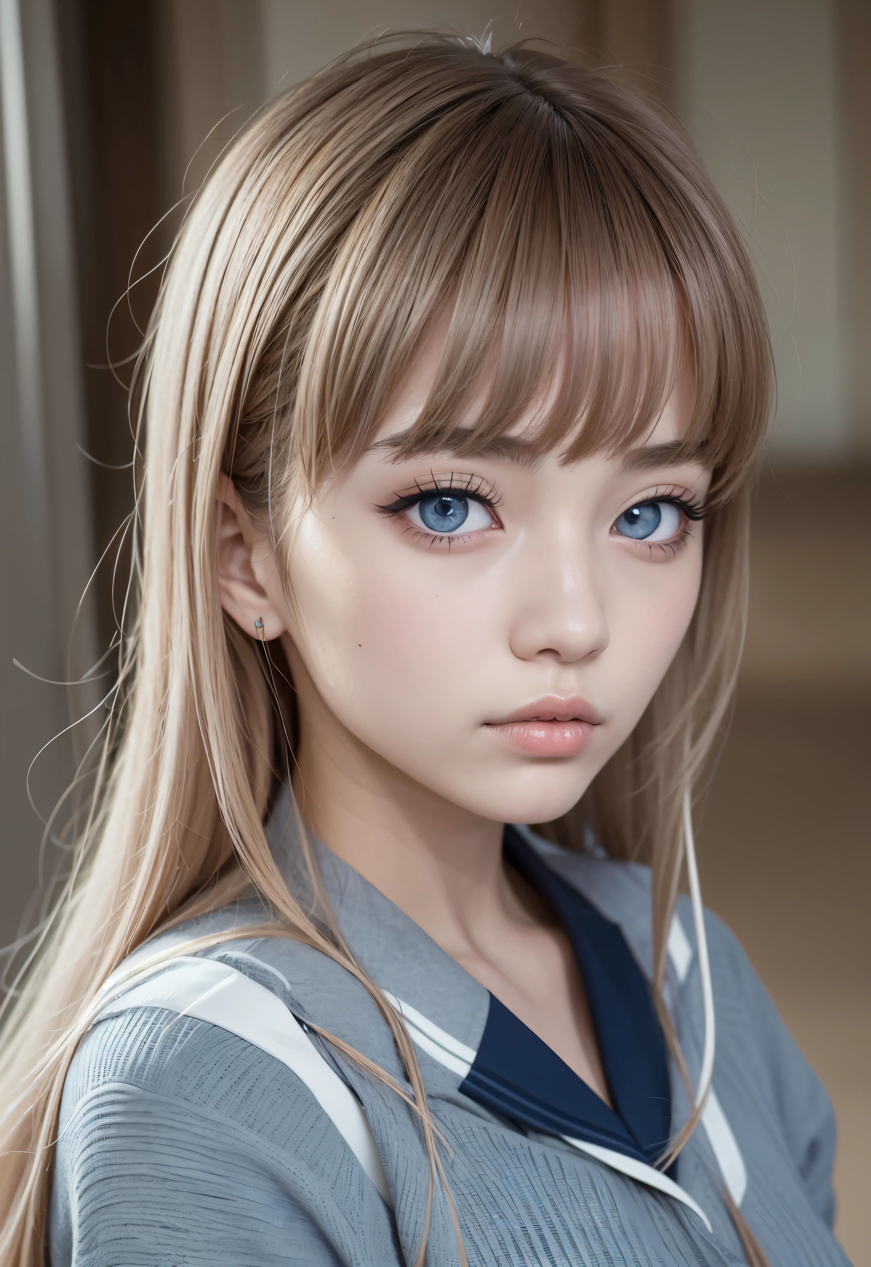 sailor suit、school uniform、A beautiful girl in the world、Glossy skin、sparkle on the cheeks、bangs between the eyes、光沢のあるシルクと非常に長くてまっすぐなbeautiful天然ブロンド、eyeliner、Sexy and beautiful 22 years old、High resolution, big, beautiful, bright light blue eyes、Beautiful and bright girl、sharp、