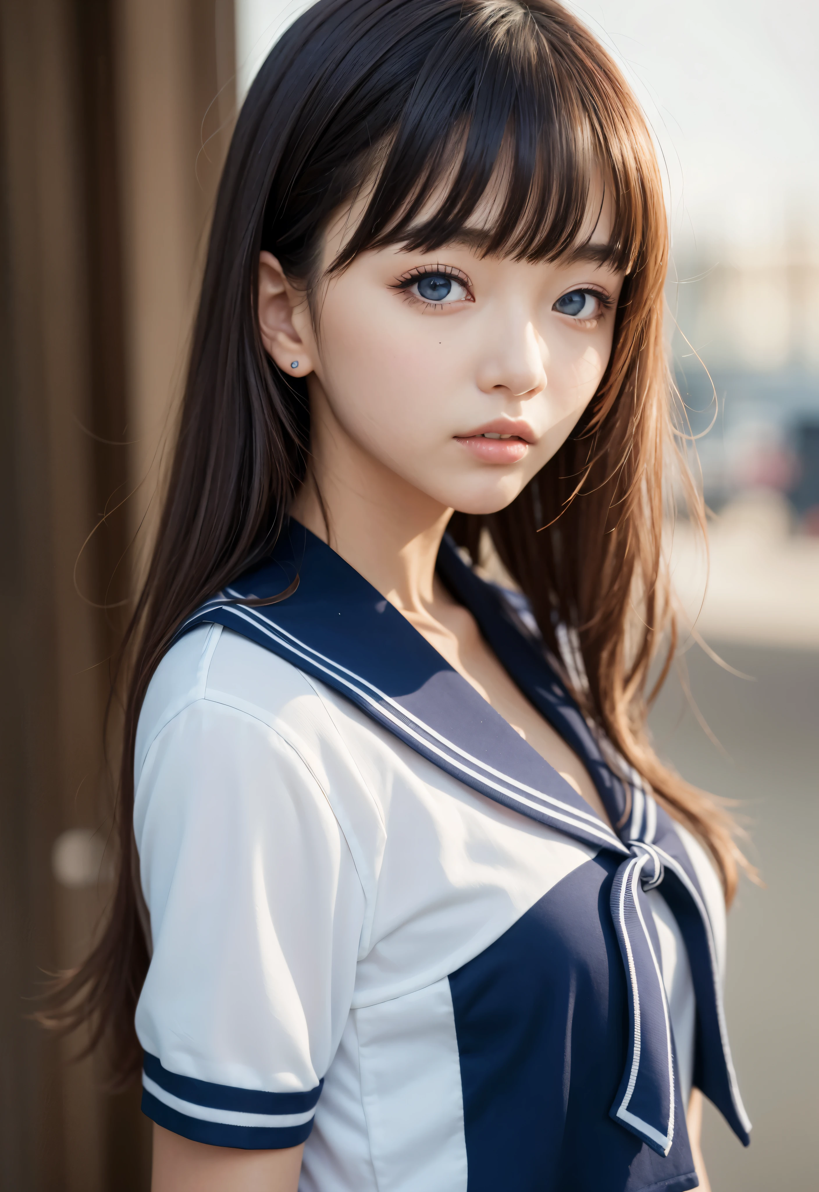 sailor suit、school uniform、A beautiful girl in the world、Glossy skin、sparkle on the cheeks、bangs between the eyes、光沢のあるシルクと非常に長くてまっすぐなbeautiful天然ブロンド、eyeliner、Sexy and beautiful 22 years old、High resolution, big, beautiful, bright light blue eyes、Beautiful and bright girl、sharp、